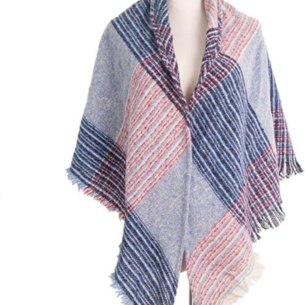 Womens Woolen Triangle Shawl Winter Scarf Plaid Stripe Fichu Large Warm - Picture 2 of 3